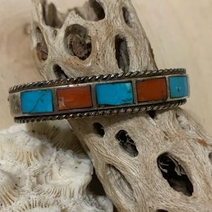 NATIVE AMERICAN STERLING SILVER TURQUOISE CORAL CUFF BRACELET WESTERN MEN WOMEN
